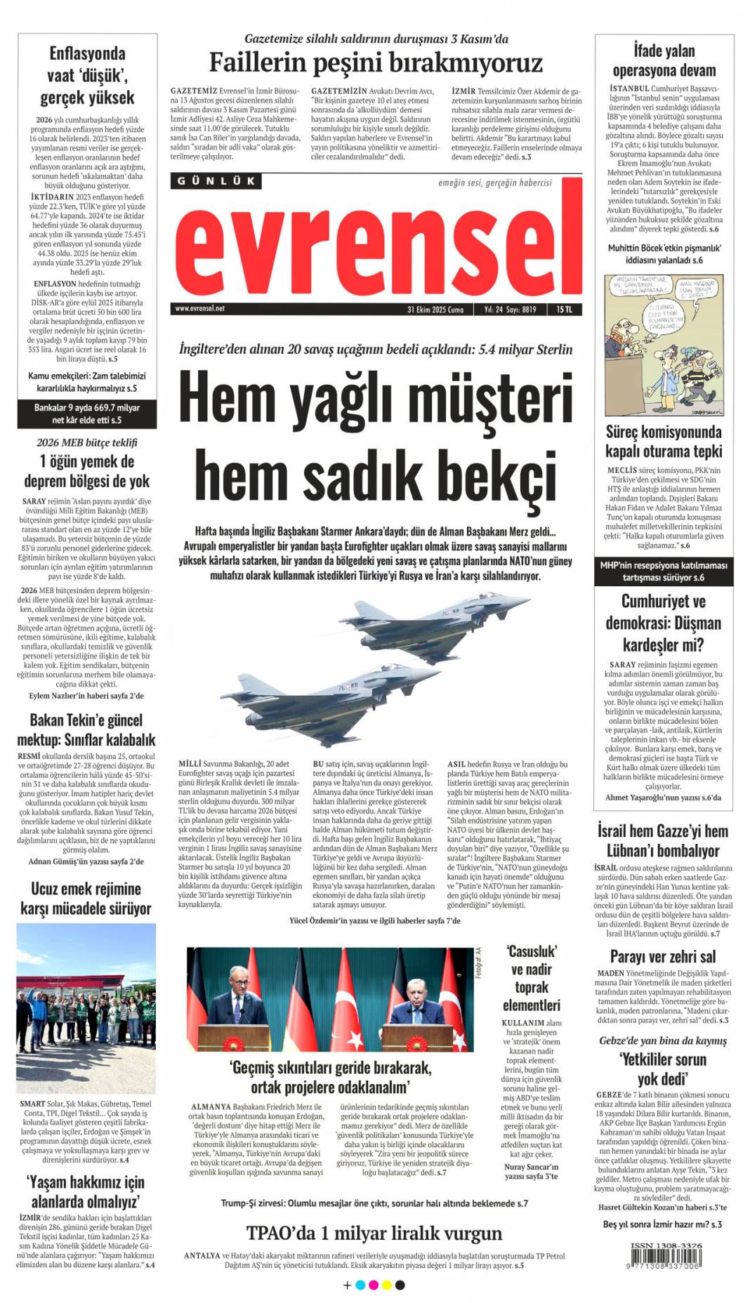 Şansölye'ye Gazze dersi: 31 Ekim 2025 Cuma güncel gazete manşetleri 10