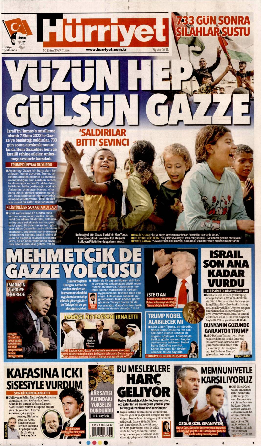 733 gün sonra silahlar sustu, Yüzün hep gülsün Gazze: 10 Ekim 2025 Cuma güncel gazete manşetleri 1