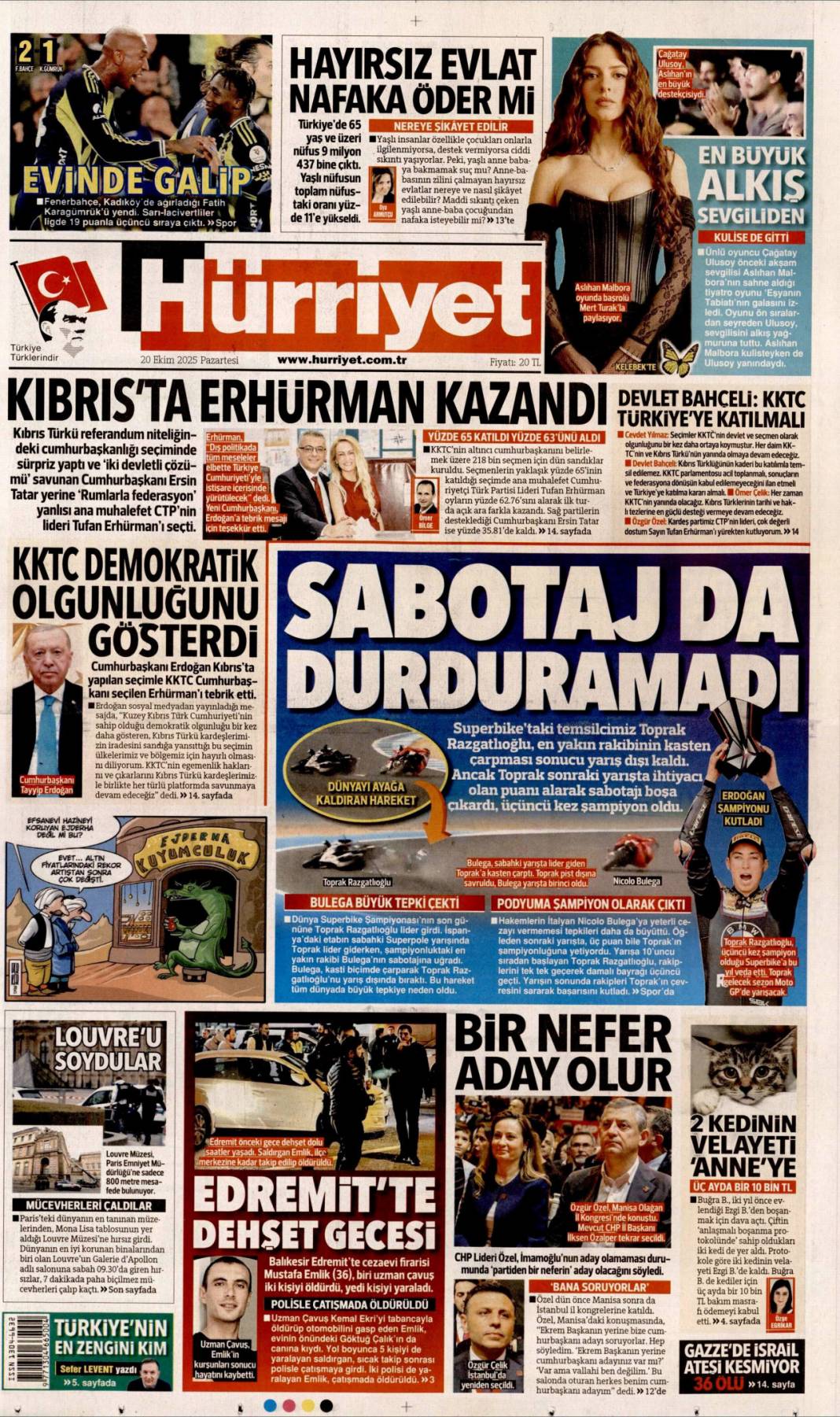 Katil İsrail'in ateşkesi yok: 20 Ekim 2025 Pazartesi güncel gazete manşetleri 14