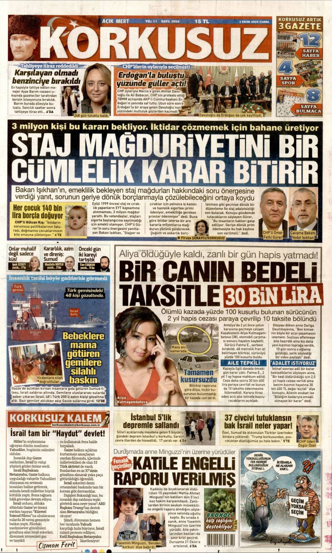 Karizma çizen 497 cesur yürek: 3 Ekim 2025 Cuma güncel gazete manşetleri 13