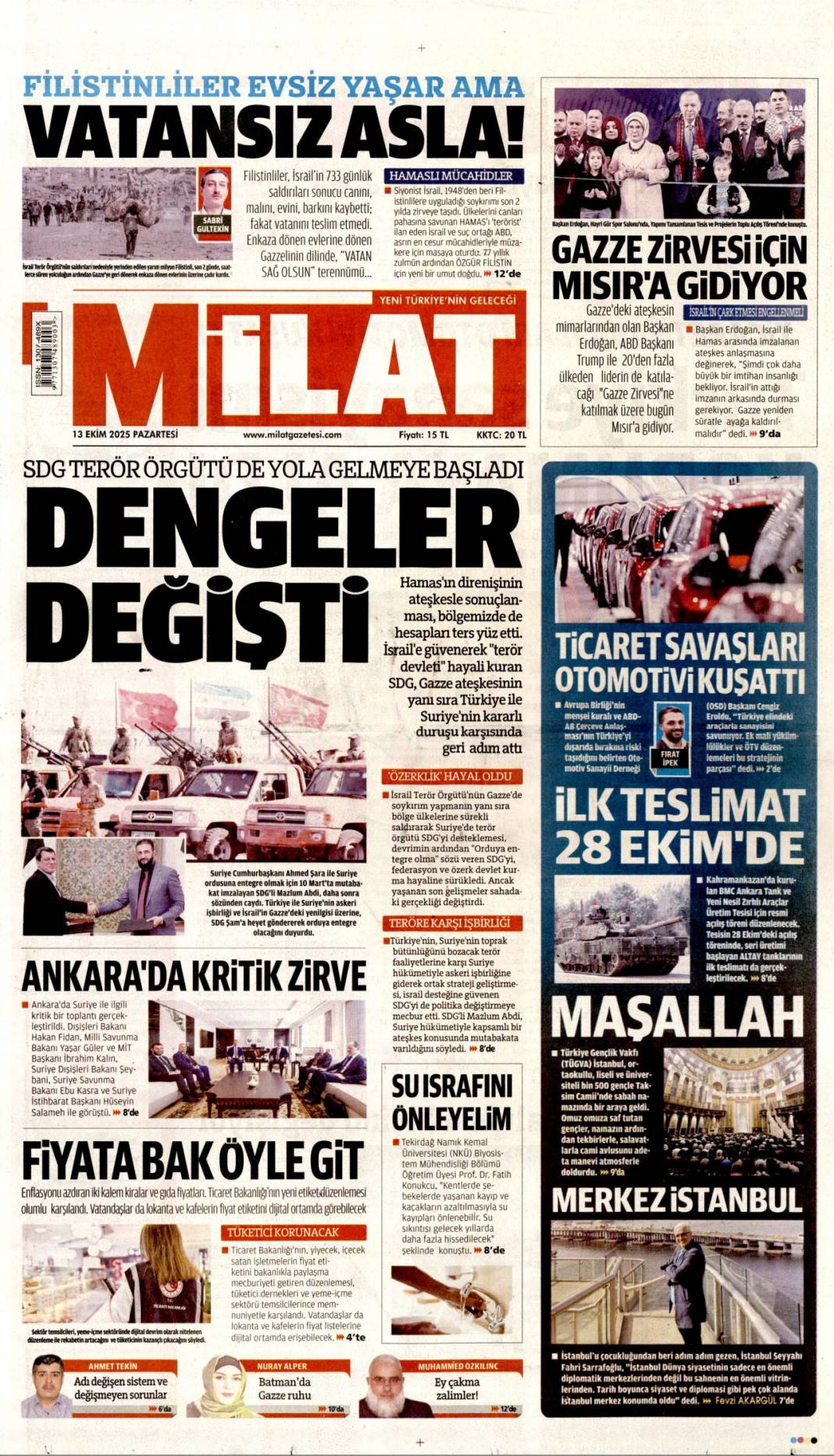 İsrail attığı imzanın arkasında durmalı: 13 Ekim 2025 Pazartesi, güncel gazete manşetleri 17