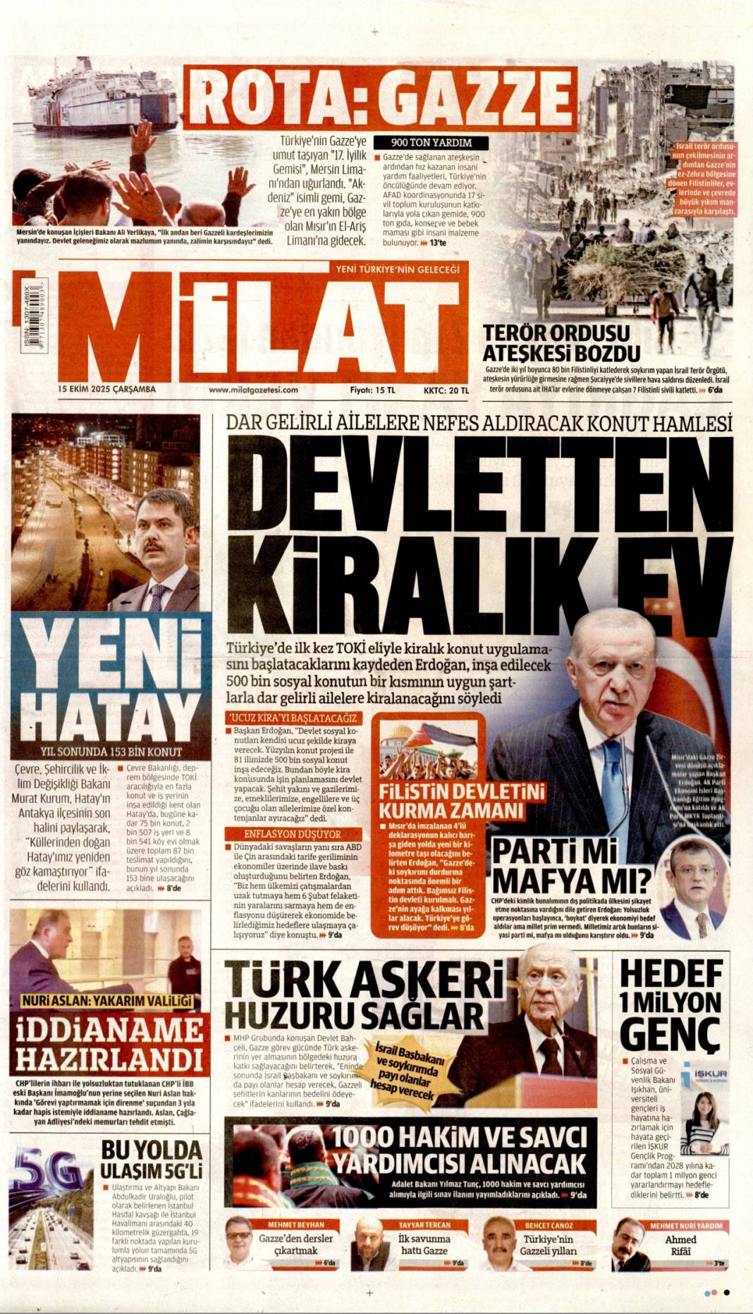 Gazze'ye can suyu olacağız: 15 Ekim 2025 Çarşamba güncel gazete manşetleri 14
