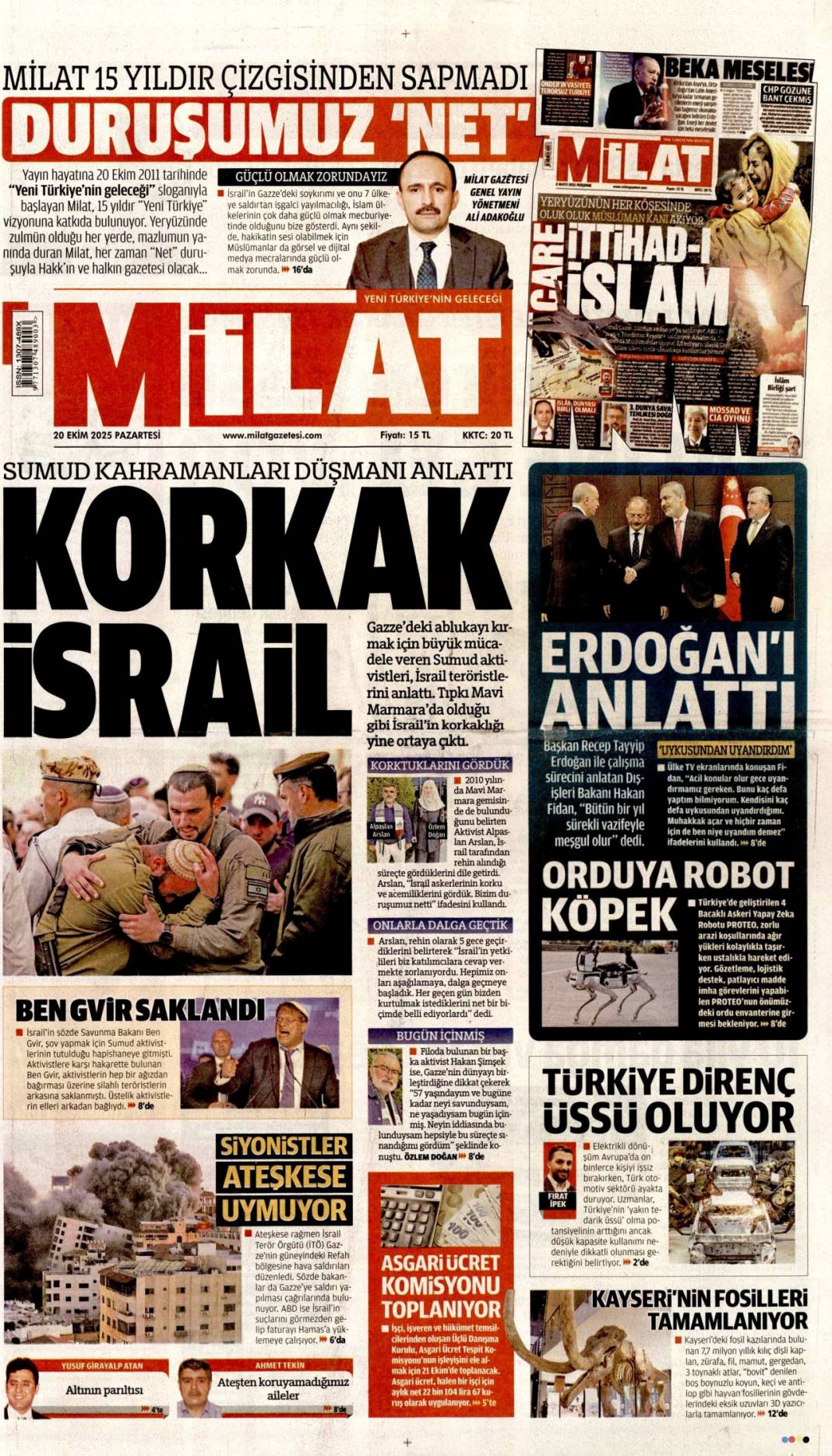 Katil İsrail'in ateşkesi yok: 20 Ekim 2025 Pazartesi güncel gazete manşetleri 15