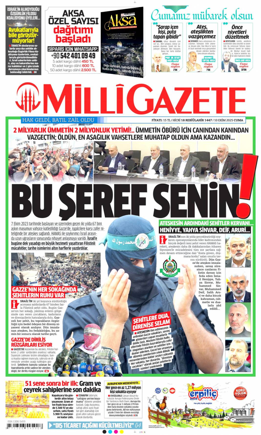733 gün sonra silahlar sustu, Yüzün hep gülsün Gazze: 10 Ekim 2025 Cuma güncel gazete manşetleri 15