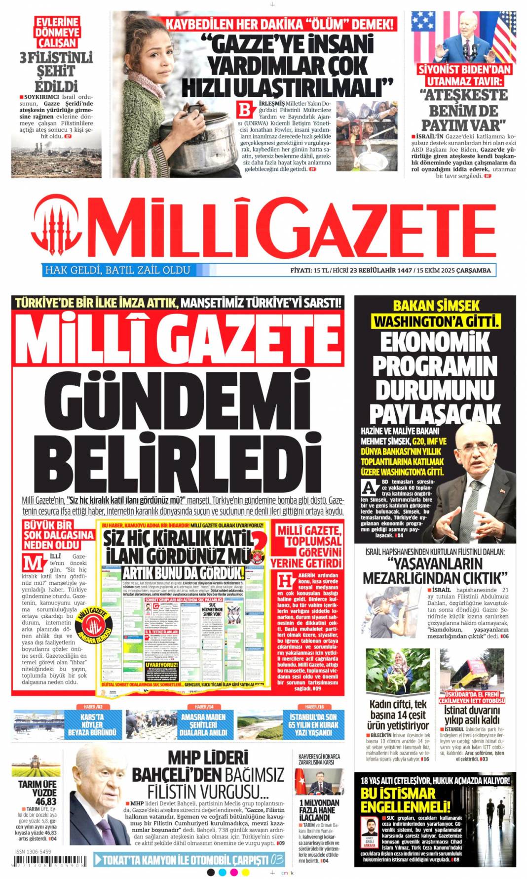 Gazze'ye can suyu olacağız: 15 Ekim 2025 Çarşamba güncel gazete manşetleri 15