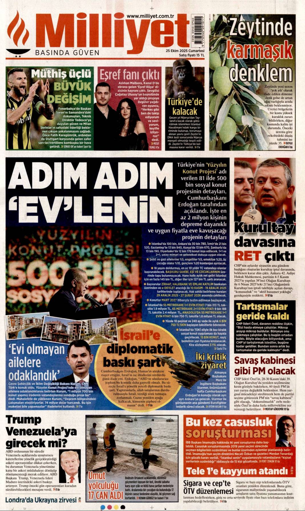 Dar gelirliye 500 bin konut: 25 Ekim 2025 Cumartesi güncel gazete manşetleri 3