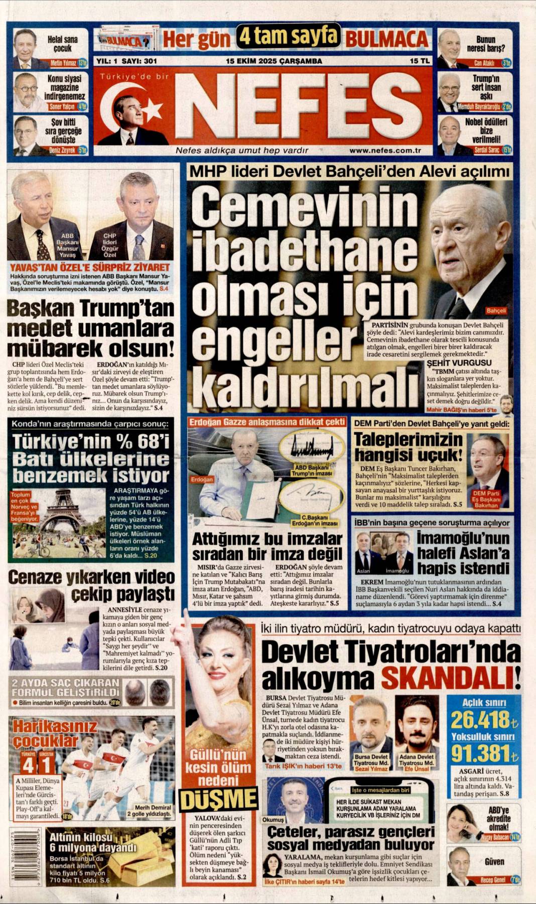 Gazze'ye can suyu olacağız: 15 Ekim 2025 Çarşamba güncel gazete manşetleri 16