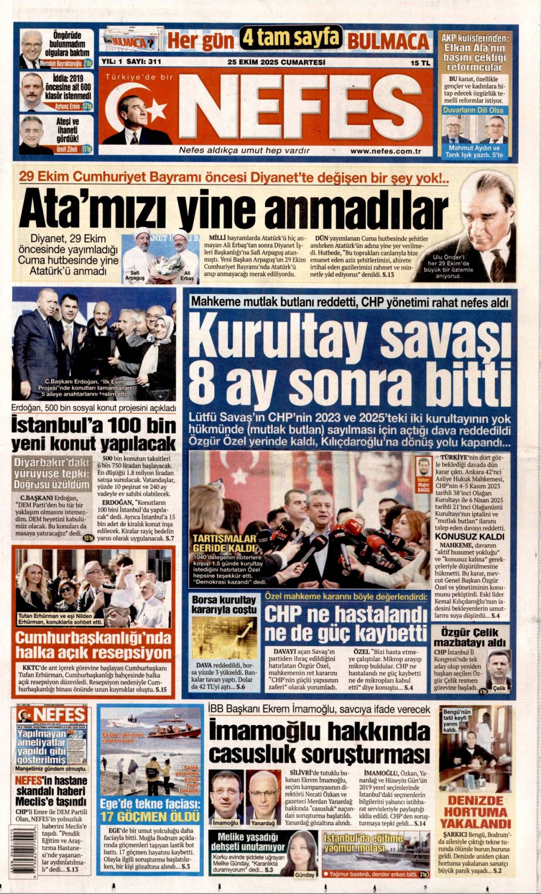 Dar gelirliye 500 bin konut: 25 Ekim 2025 Cumartesi güncel gazete manşetleri 16