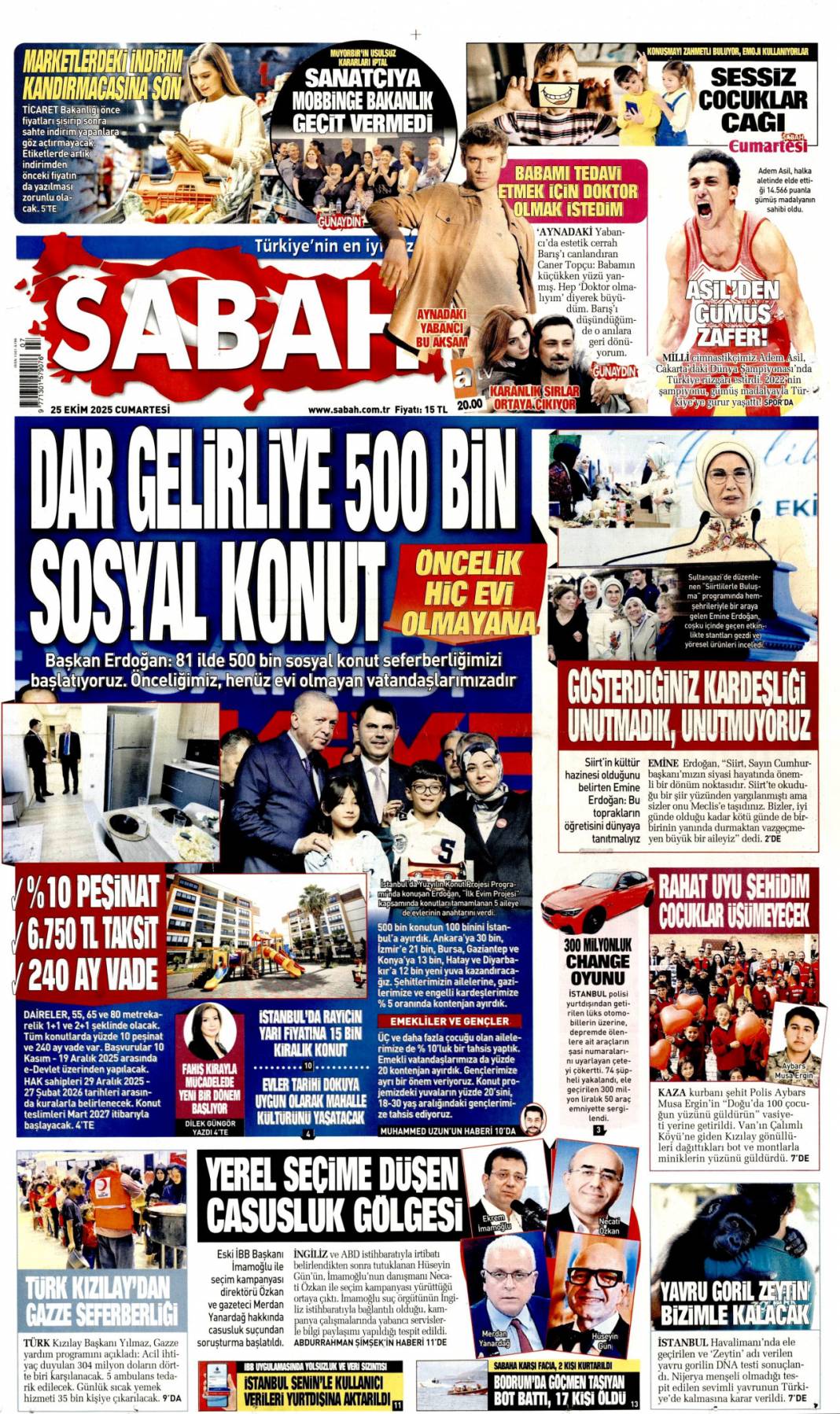 Dar gelirliye 500 bin konut: 25 Ekim 2025 Cumartesi güncel gazete manşetleri 1