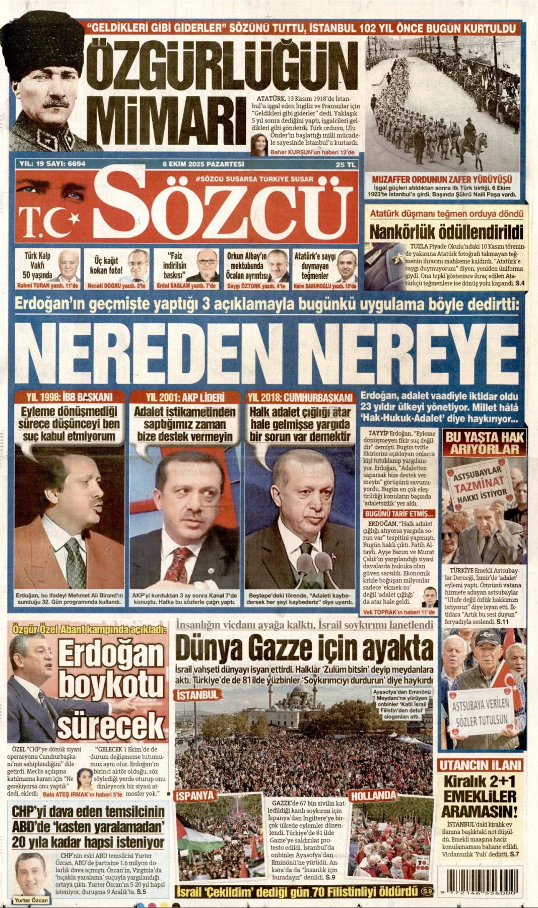 Soykırıma karşı Türkiye ayakta: 6 Ekim 2025 Pazartesi güncel gazete manşetleri 19