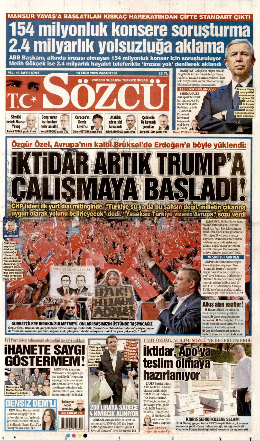İsrail attığı imzanın arkasında durmalı: 13 Ekim 2025 Pazartesi, güncel gazete manşetleri 12