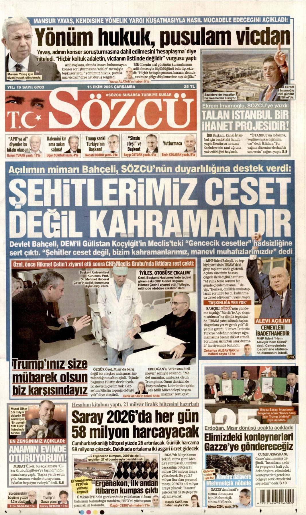 Gazze'ye can suyu olacağız: 15 Ekim 2025 Çarşamba güncel gazete manşetleri 18