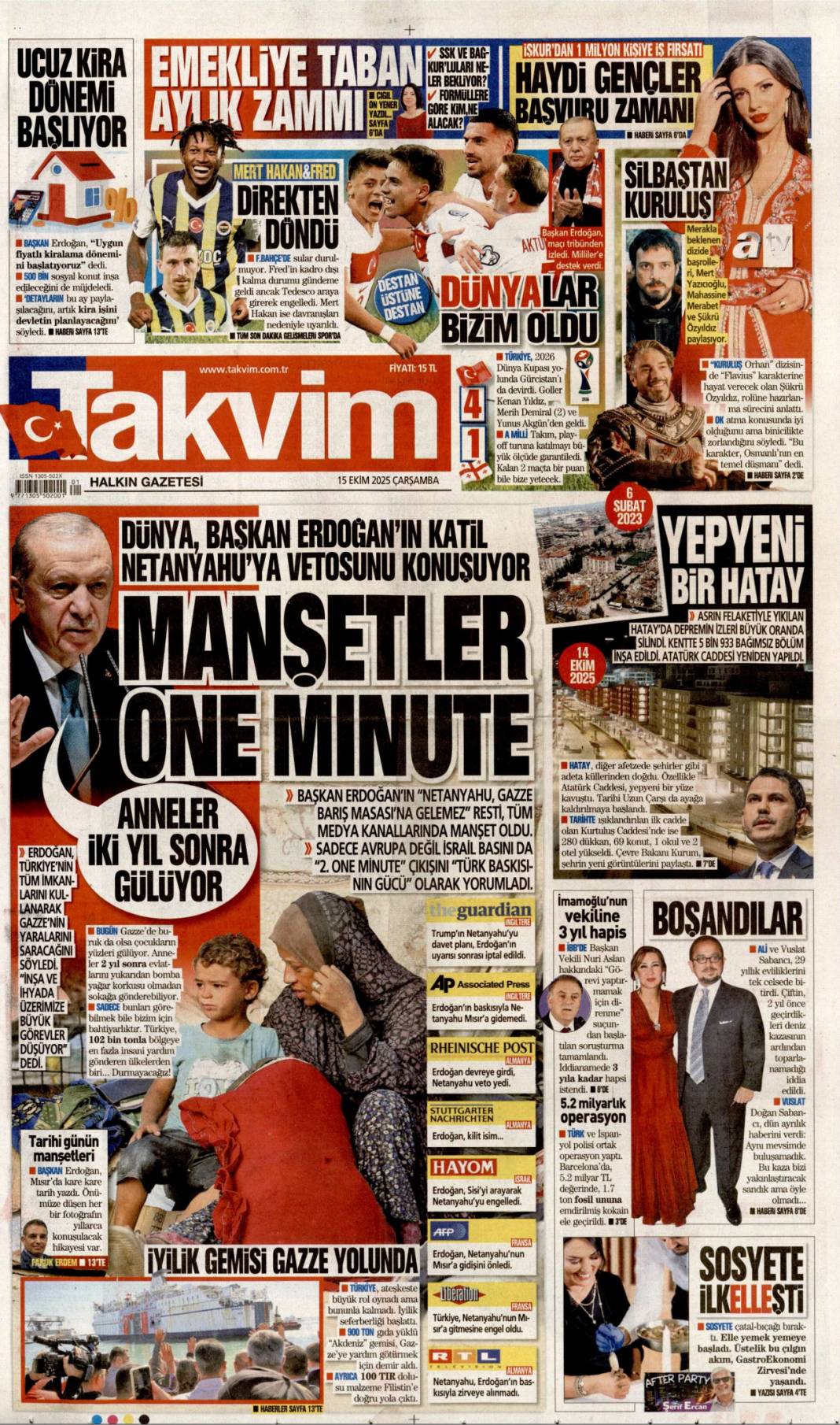 Gazze'ye can suyu olacağız: 15 Ekim 2025 Çarşamba güncel gazete manşetleri 19