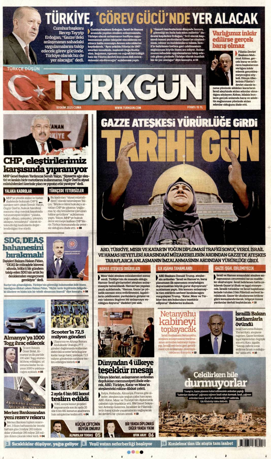 733 gün sonra silahlar sustu, Yüzün hep gülsün Gazze: 10 Ekim 2025 Cuma güncel gazete manşetleri 9