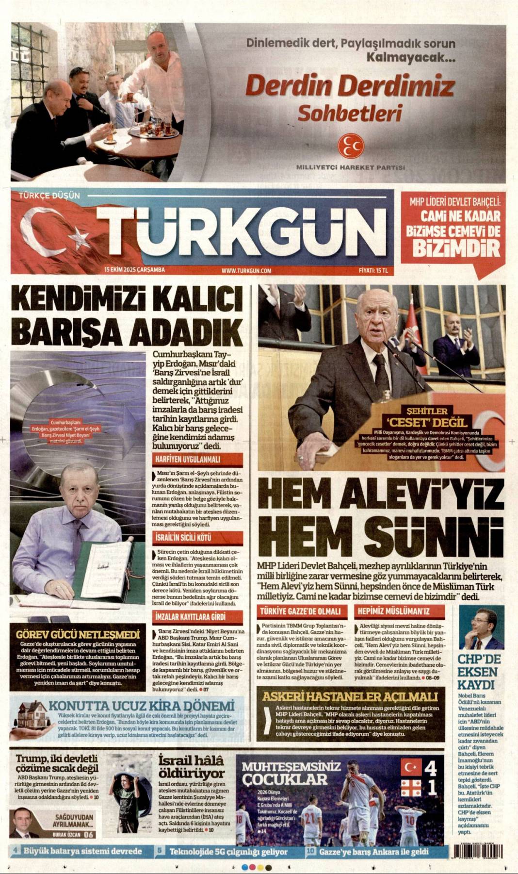 Gazze'ye can suyu olacağız: 15 Ekim 2025 Çarşamba güncel gazete manşetleri 22