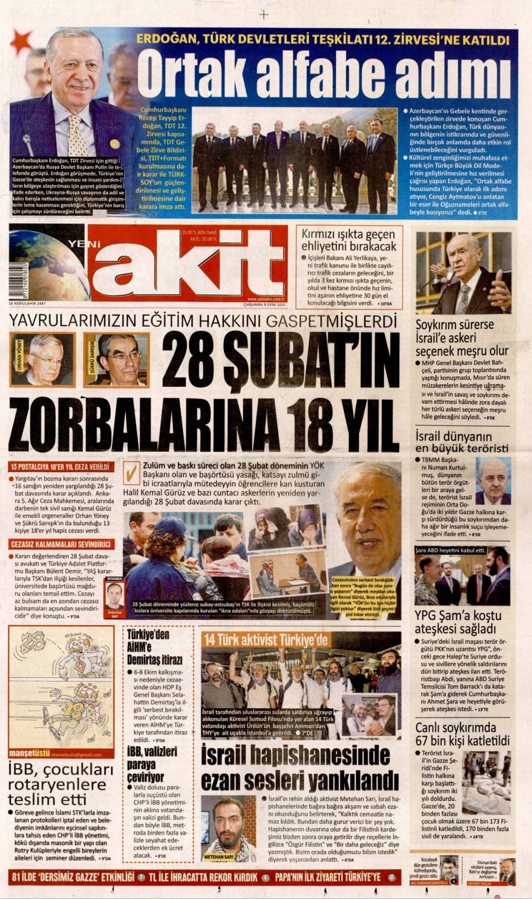 İsrail lehine İran sahada: 8 Ekim 2025 Çarşamba  güncel gazete manşetleri 7