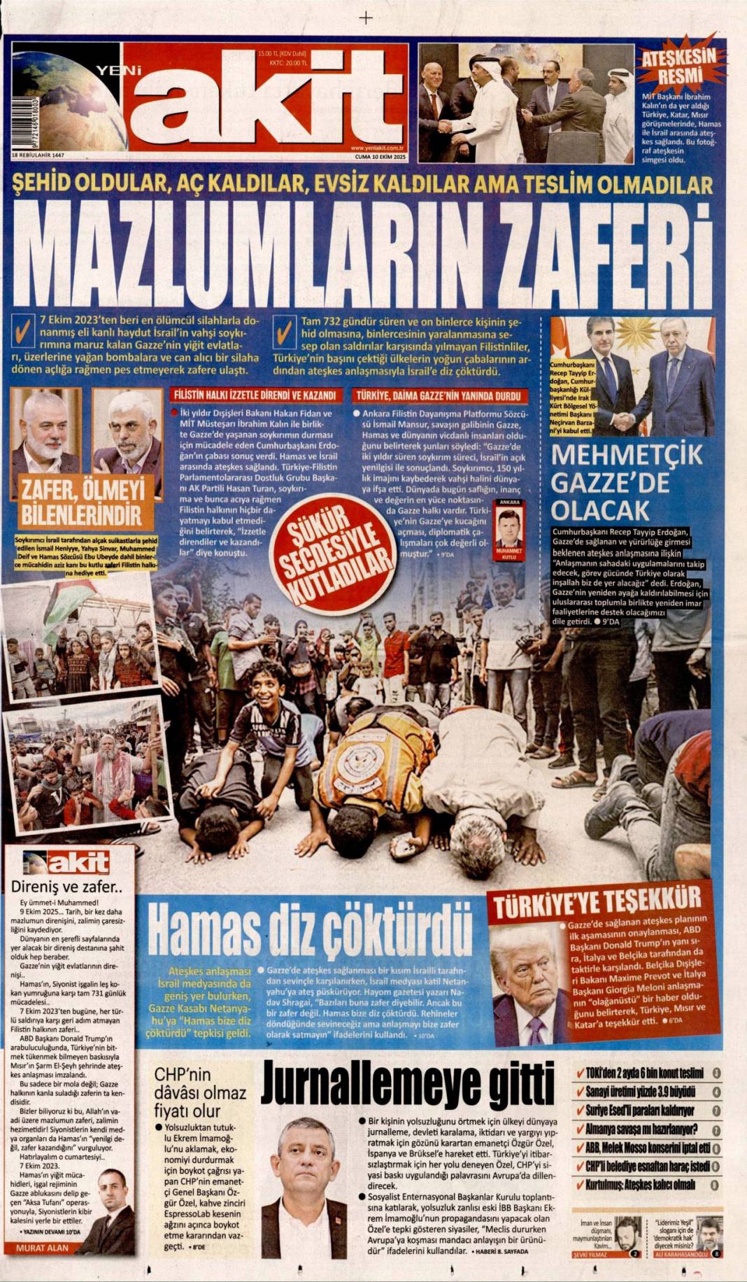 733 gün sonra silahlar sustu, Yüzün hep gülsün Gazze: 10 Ekim 2025 Cuma güncel gazete manşetleri 8