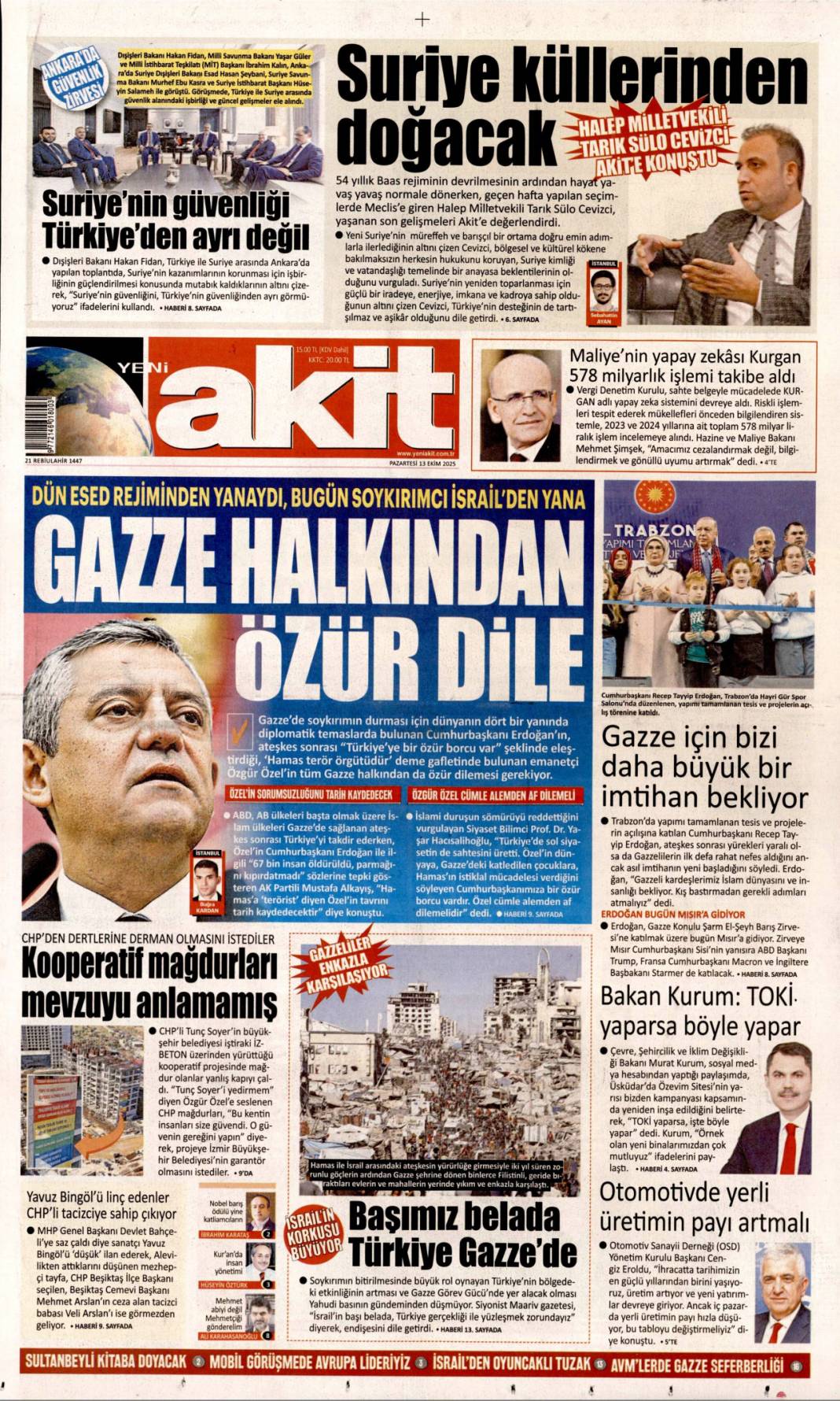 İsrail attığı imzanın arkasında durmalı: 13 Ekim 2025 Pazartesi, güncel gazete manşetleri 10