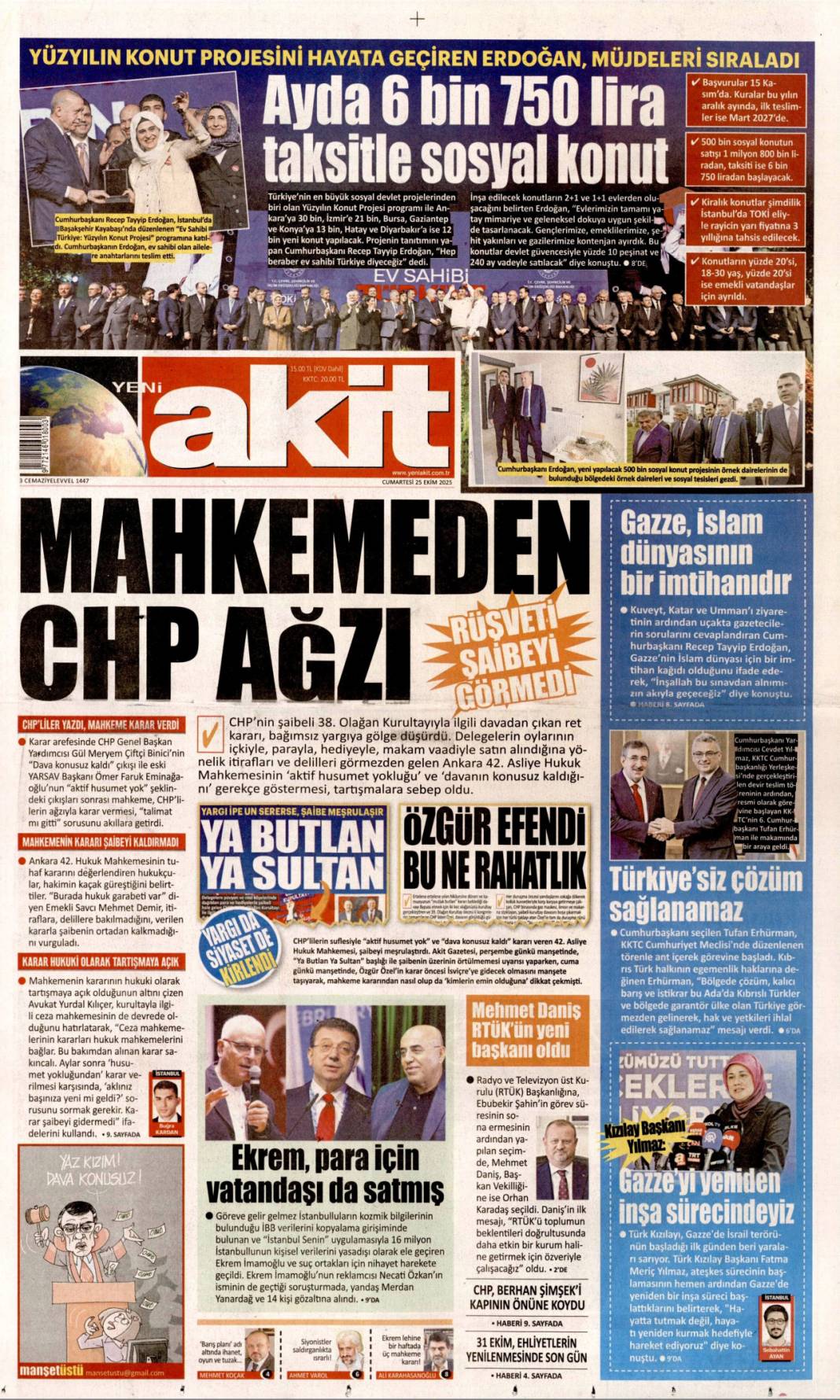 Dar gelirliye 500 bin konut: 25 Ekim 2025 Cumartesi güncel gazete manşetleri 20