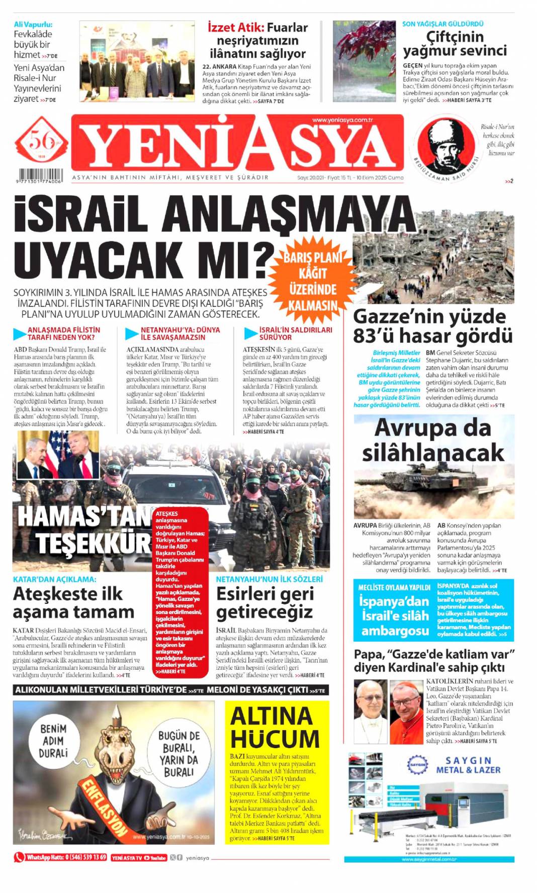 733 gün sonra silahlar sustu, Yüzün hep gülsün Gazze: 10 Ekim 2025 Cuma güncel gazete manşetleri 7