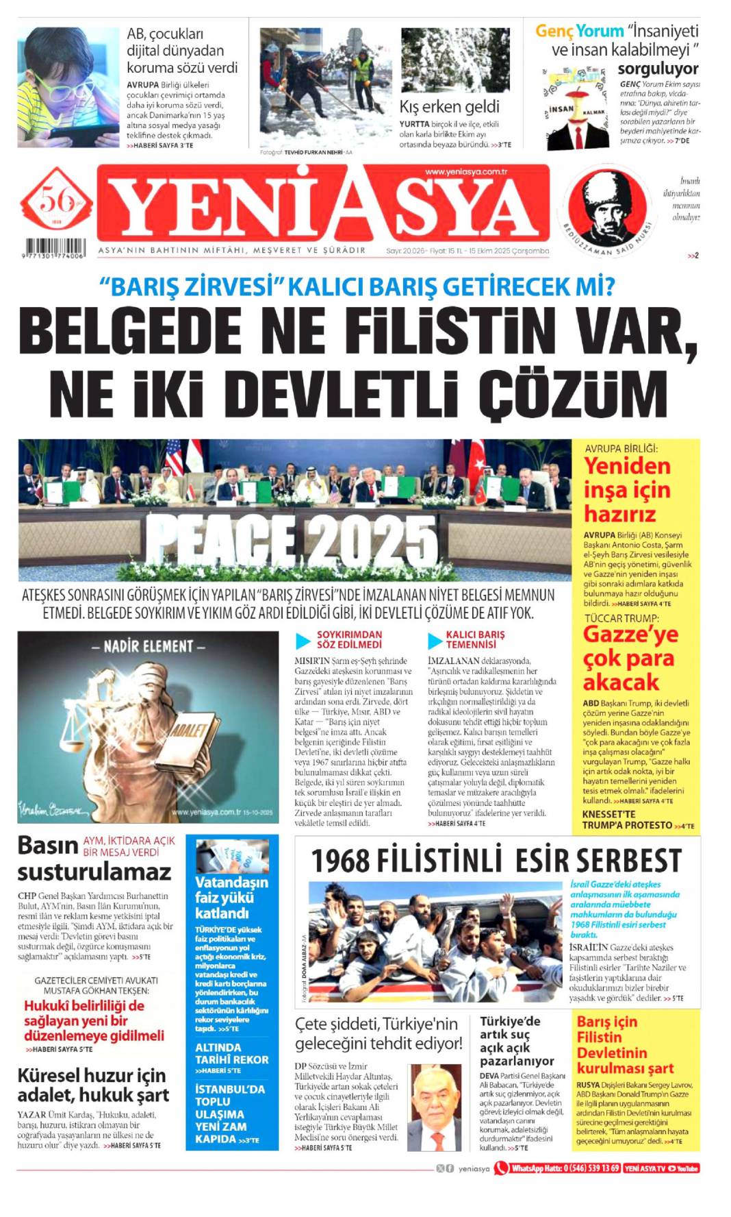 Gazze'ye can suyu olacağız: 15 Ekim 2025 Çarşamba güncel gazete manşetleri 20