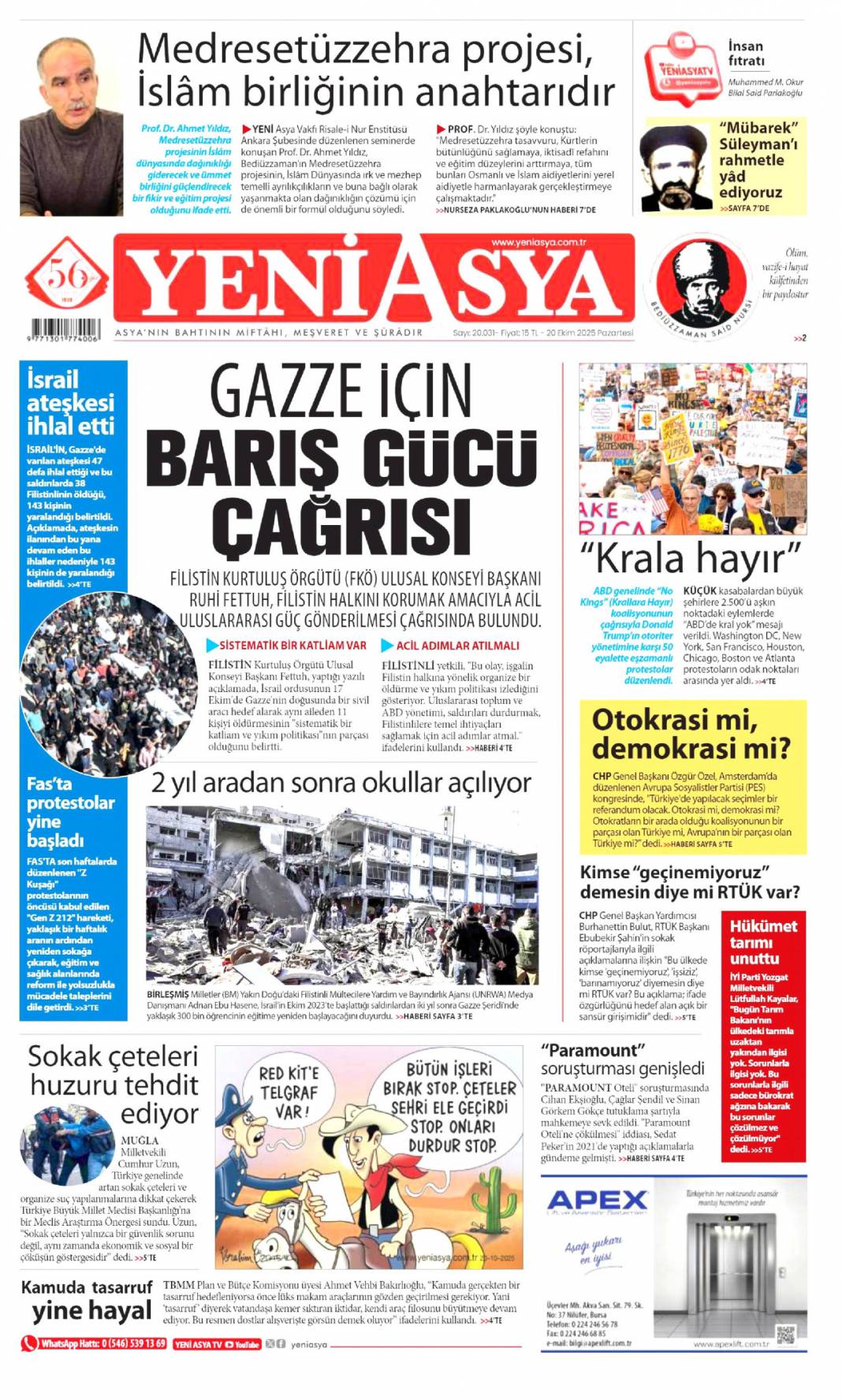 Katil İsrail'in ateşkesi yok: 20 Ekim 2025 Pazartesi güncel gazete manşetleri 20