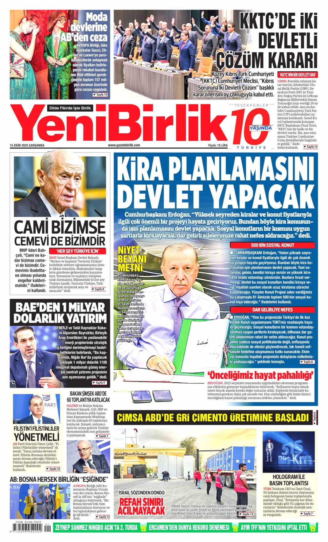 Gazze'ye can suyu olacağız: 15 Ekim 2025 Çarşamba güncel gazete manşetleri 23