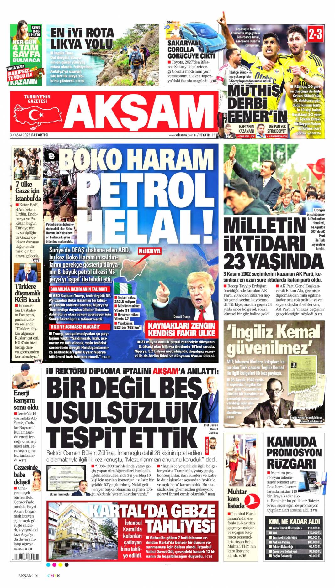 Boko haram, Petrol helal: 3 Kasım 2025 gazete manşetleri 1