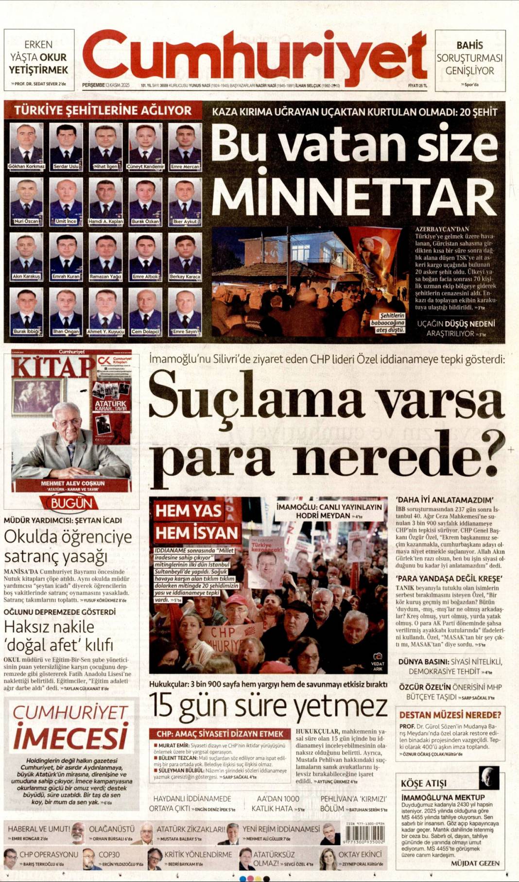 Şehitlerimizin ismini kalbimize yazdık: 13 Kasım 2025 Perşembe güncel gazete manşetleri... 3