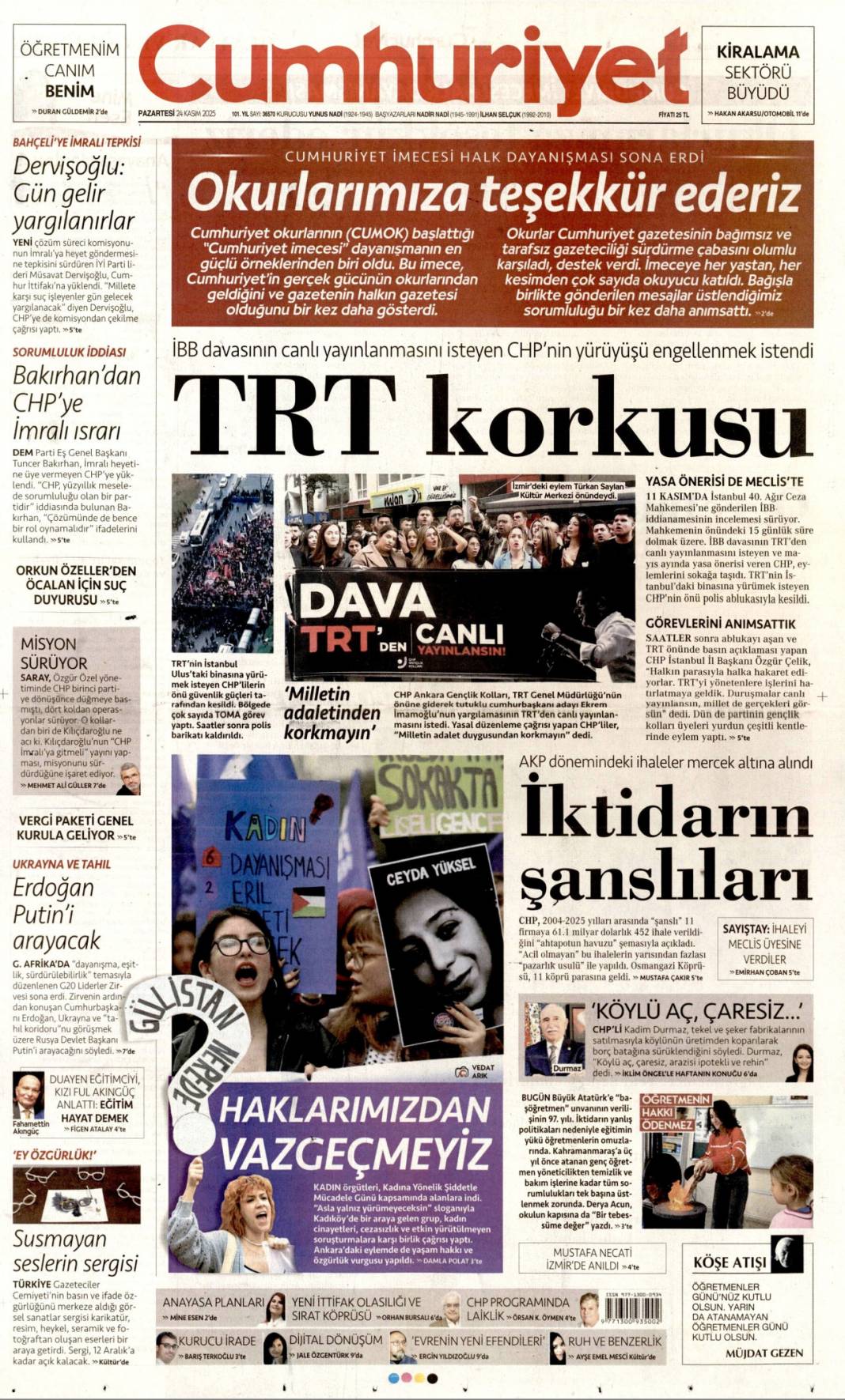 Cumhuriyetin öğretmeni: 21 Kasım 2025 Pazartesi güncel gazete manşetleri... 5