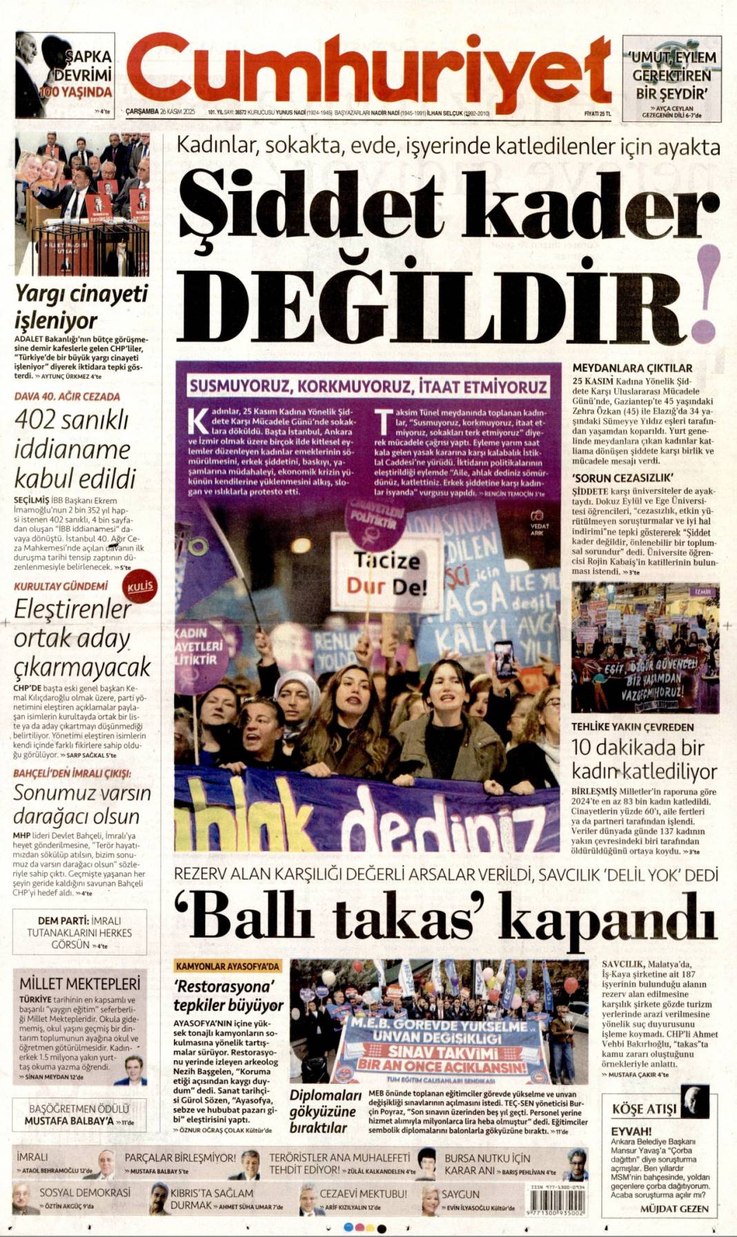 Kadına şiddet insanlığa ihanet: 26 Kasım 2025 Çarşamba, güncel gazete manşetleri... 2