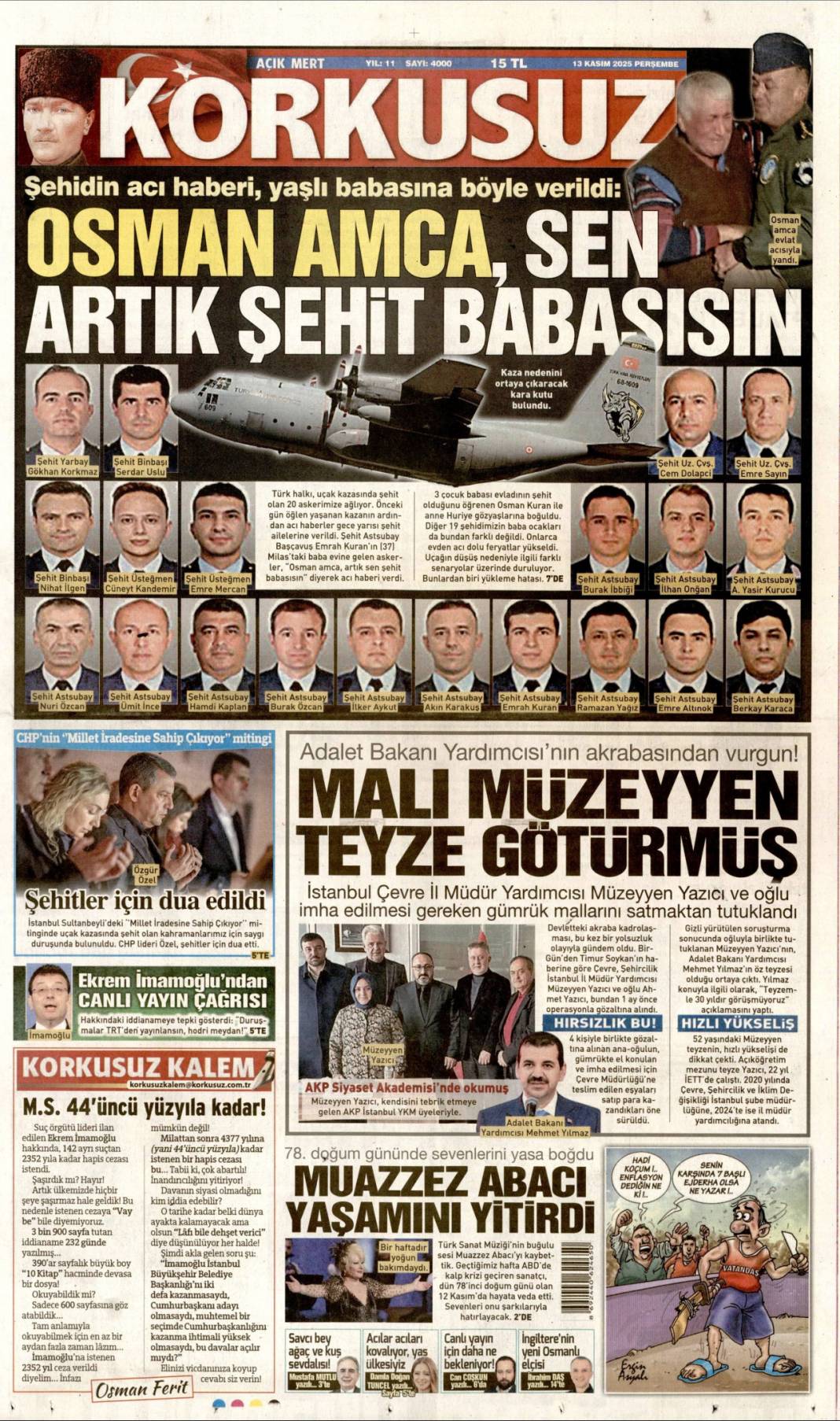 Şehitlerimizin ismini kalbimize yazdık: 13 Kasım 2025 Perşembe güncel gazete manşetleri... 13