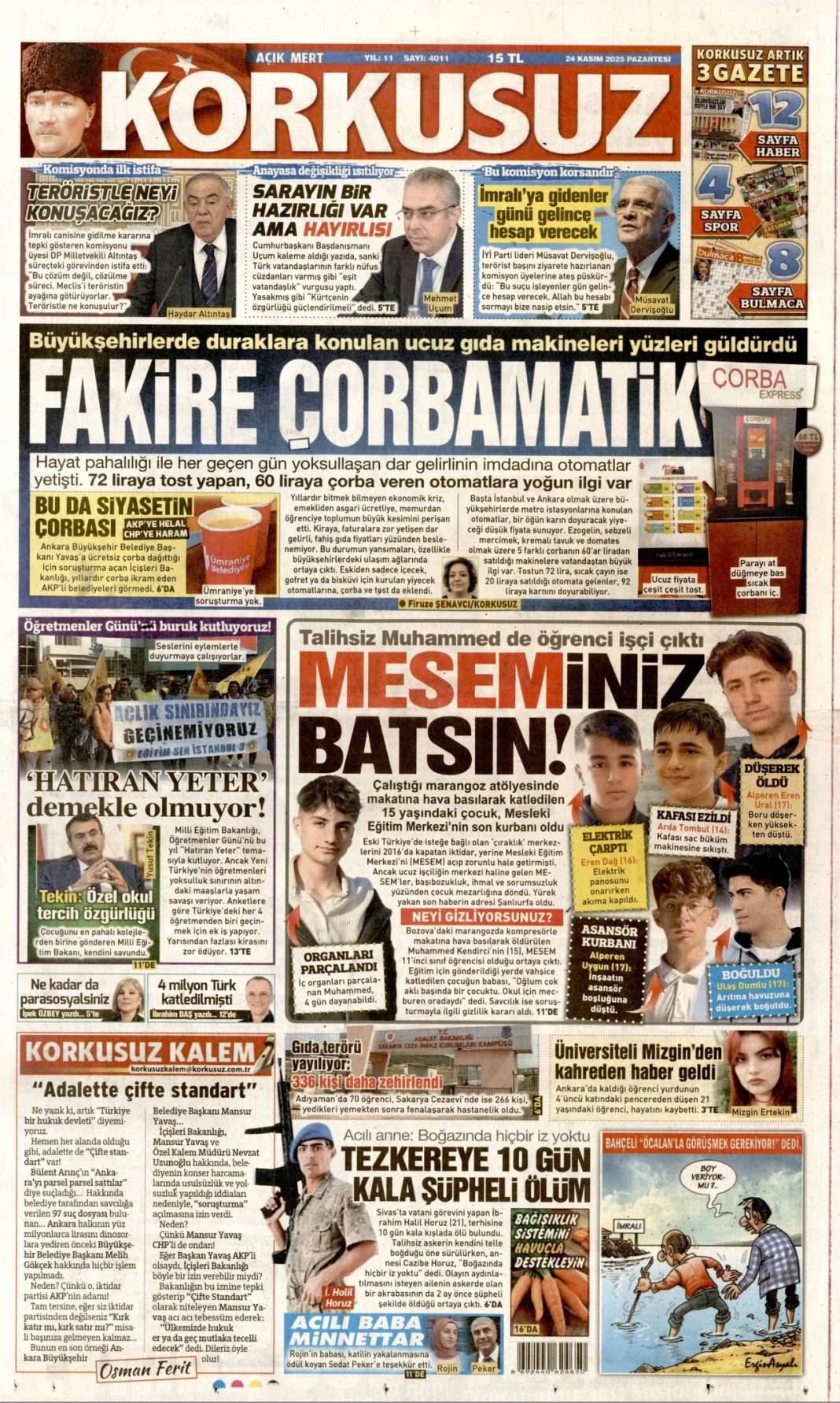 Cumhuriyetin öğretmeni: 21 Kasım 2025 Pazartesi güncel gazete manşetleri... 16