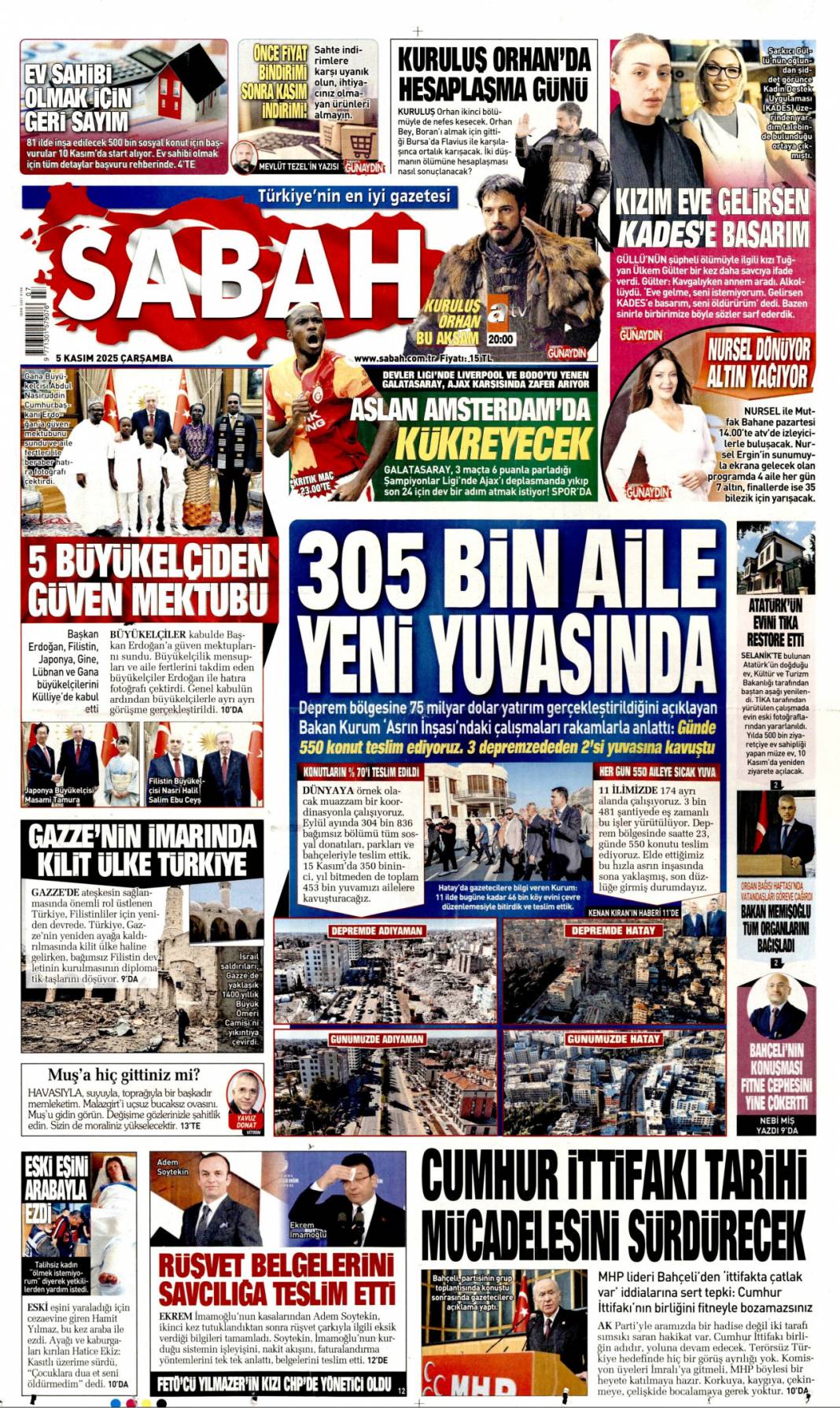 305 Bin aile yeni yuvasında: 5 Kasım 2025 Çarşamba güncel gazete manşetleri 1