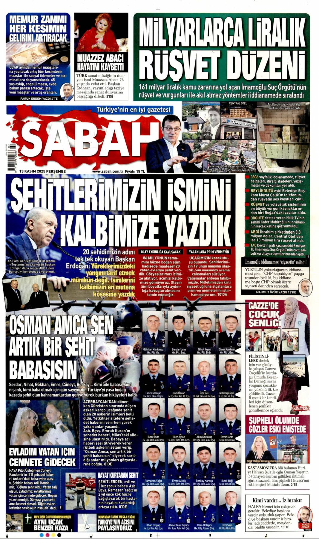 Şehitlerimizin ismini kalbimize yazdık: 13 Kasım 2025 Perşembe güncel gazete manşetleri... 1