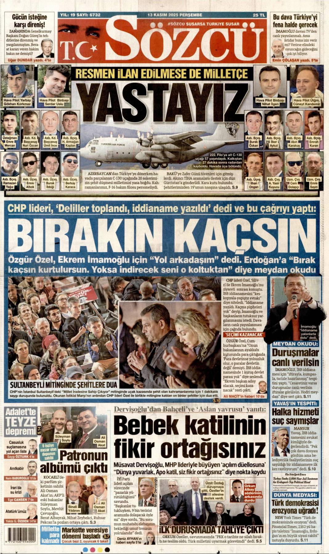 Şehitlerimizin ismini kalbimize yazdık: 13 Kasım 2025 Perşembe güncel gazete manşetleri... 18