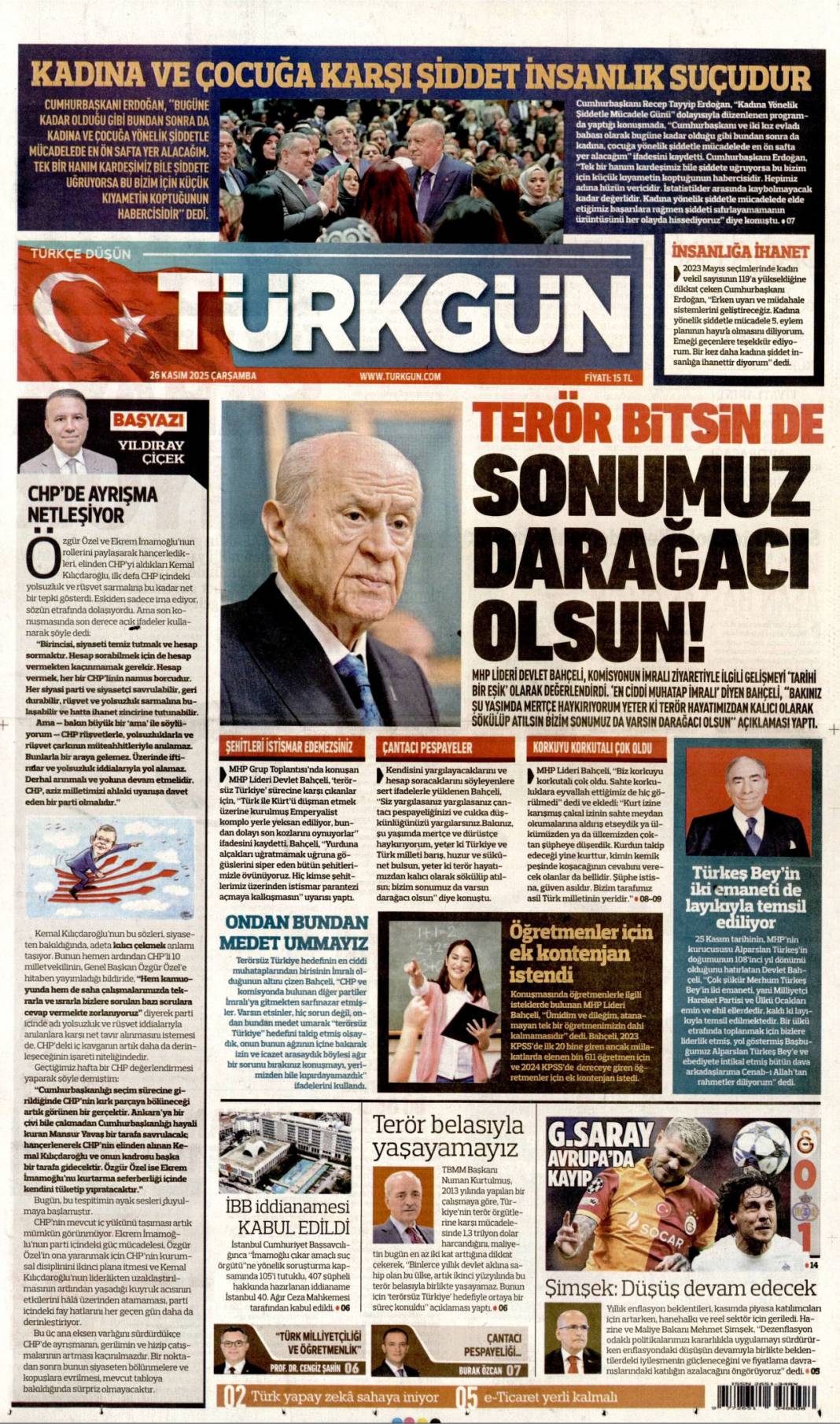 Kadına şiddet insanlığa ihanet: 26 Kasım 2025 Çarşamba, güncel gazete manşetleri... 21