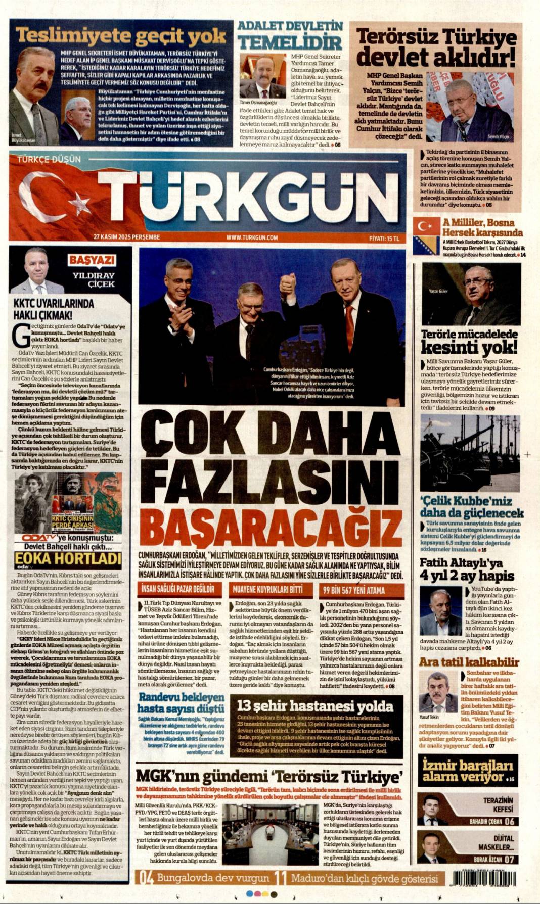 Erdoğan'a insanlık ödülü: 27 Kasım 2025 Perşembe, güncel gazete manşetleri... 12