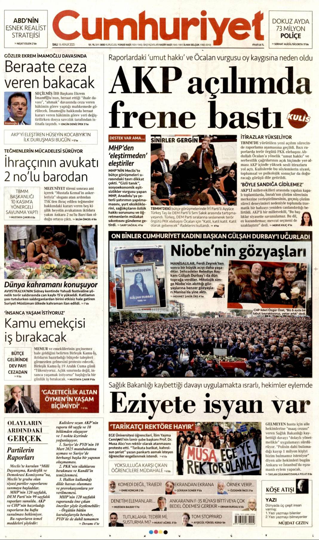 Kalpten bir veda: 16 Aralık 2025 Salı, gündeme dair konularla gazete manşetleri... 7