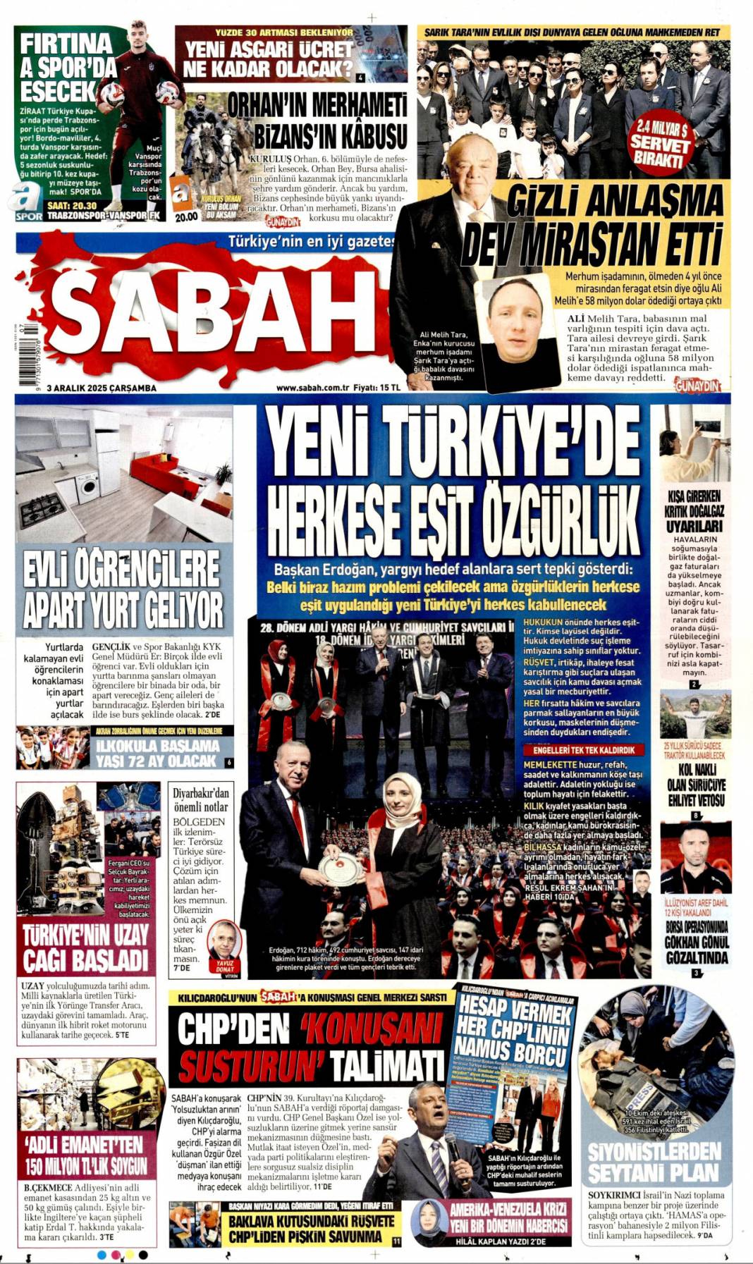 Yeni Türkiye'de herkese eşit özgürlük: 3 Kasım 2025 Çarşamba güncel gazete manşetleri... 1