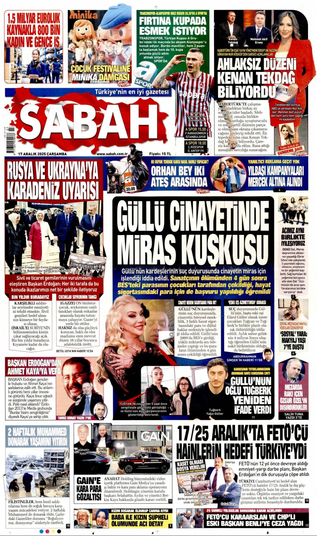 Güllü'nün cinayetinde miras kuşkusu: 17 Aralık 2025 Çarşamba, güncel gazete manşetleri... 1