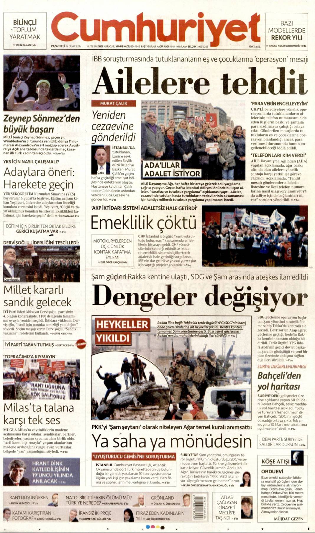 SDG diz çöktü Şara tek lider: 19 Ocak 2026 Pazartesi güncel gazete manşetleri 4