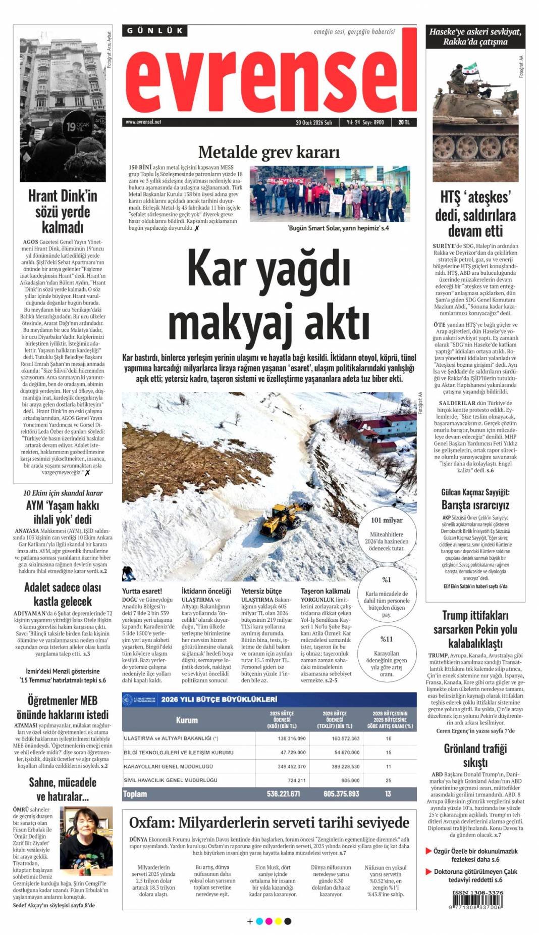 Takozlara rağmen hizmetten taviz yok: 20 Ocak 2026 Salı güncel gazete manşetleri 13