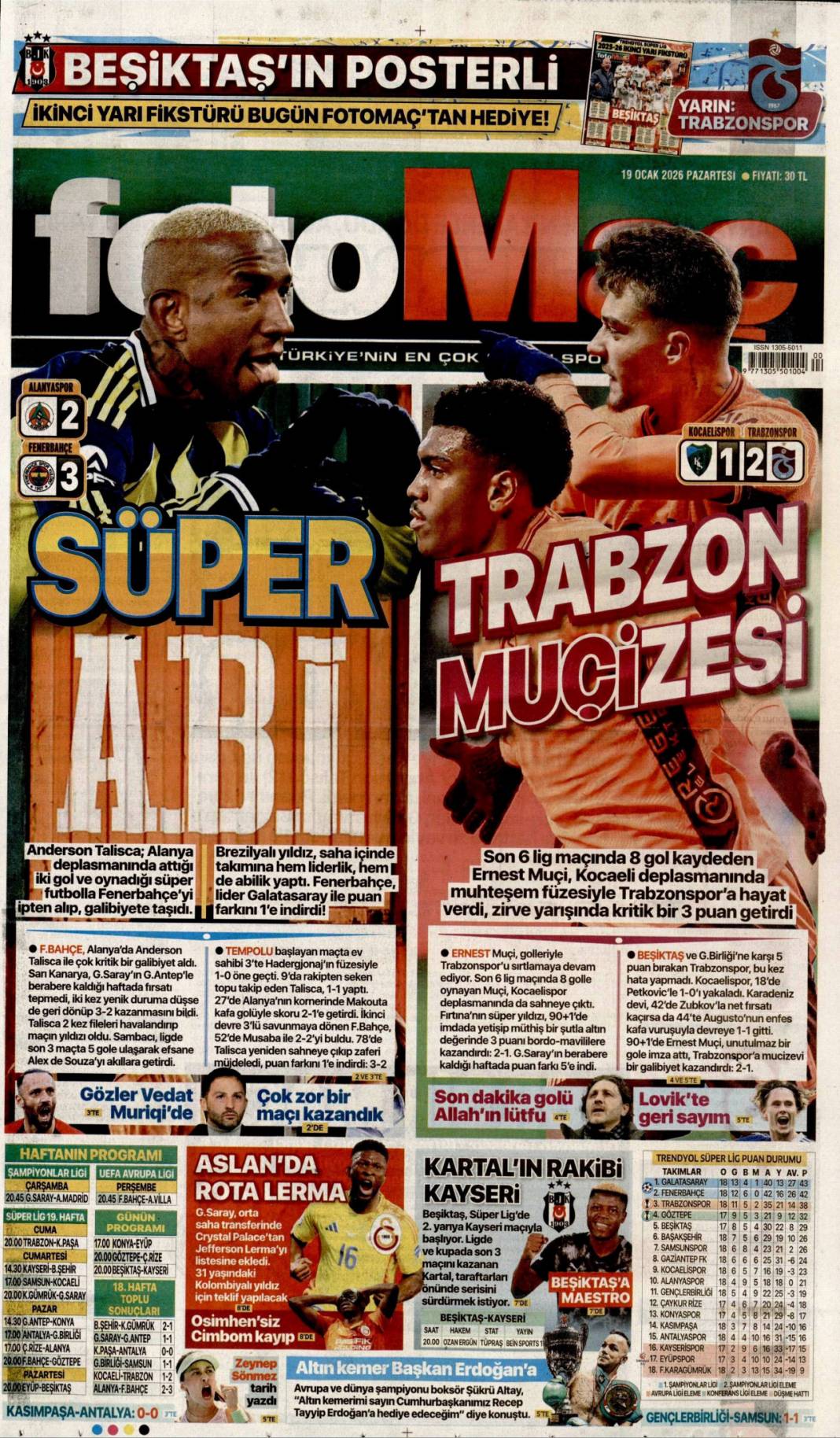 SDG diz çöktü Şara tek lider: 19 Ocak 2026 Pazartesi güncel gazete manşetleri 24