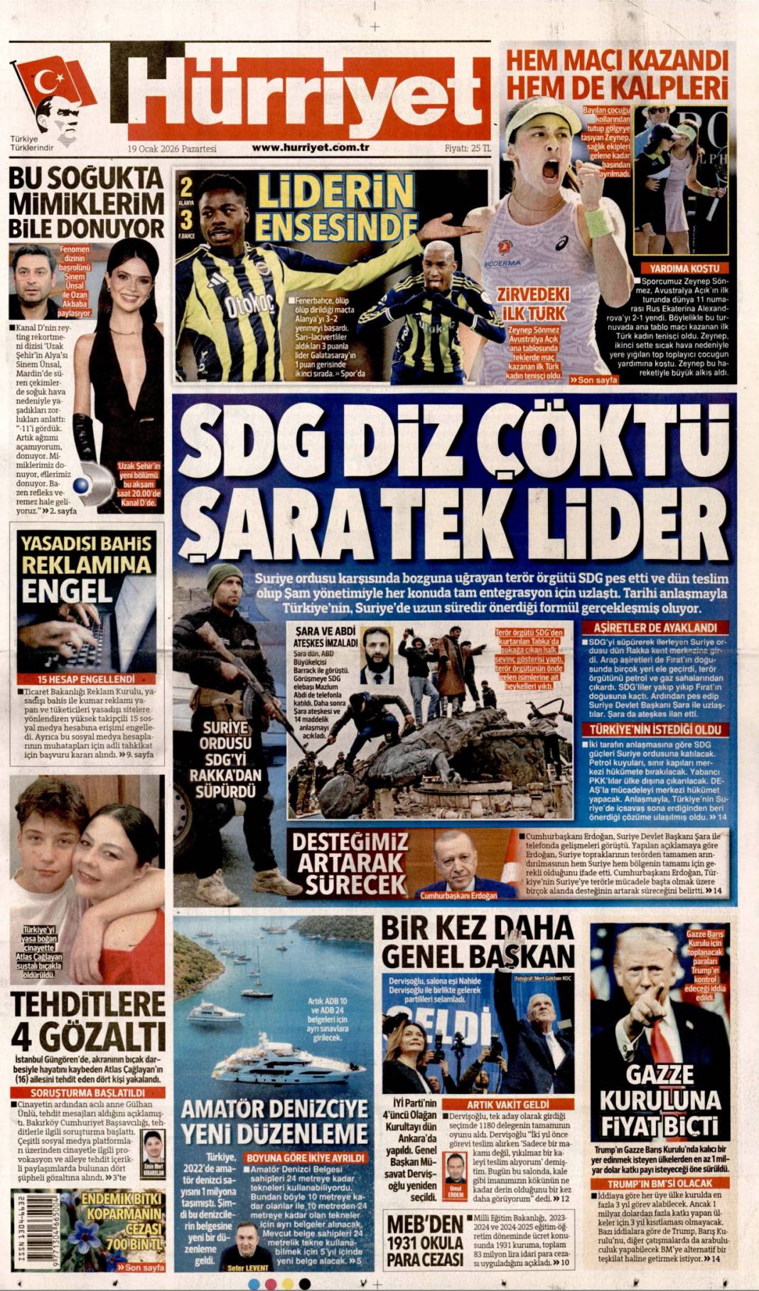 SDG diz çöktü Şara tek lider: 19 Ocak 2026 Pazartesi güncel gazete manşetleri 1