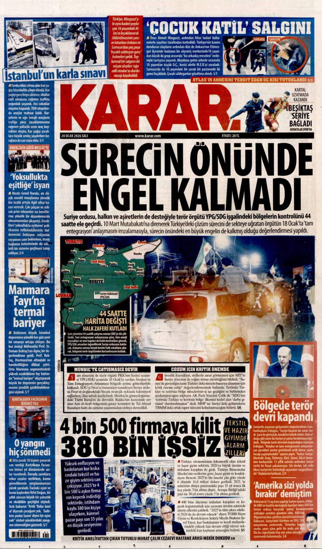 Takozlara rağmen hizmetten taviz yok: 20 Ocak 2026 Salı güncel gazete manşetleri 7