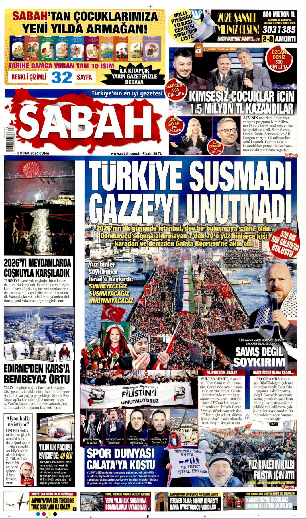 Türkiye susmadı, Gazze'yi unutmadı: 2 Ocak 2026 Pazartesi güncel gazete manşetleri 1