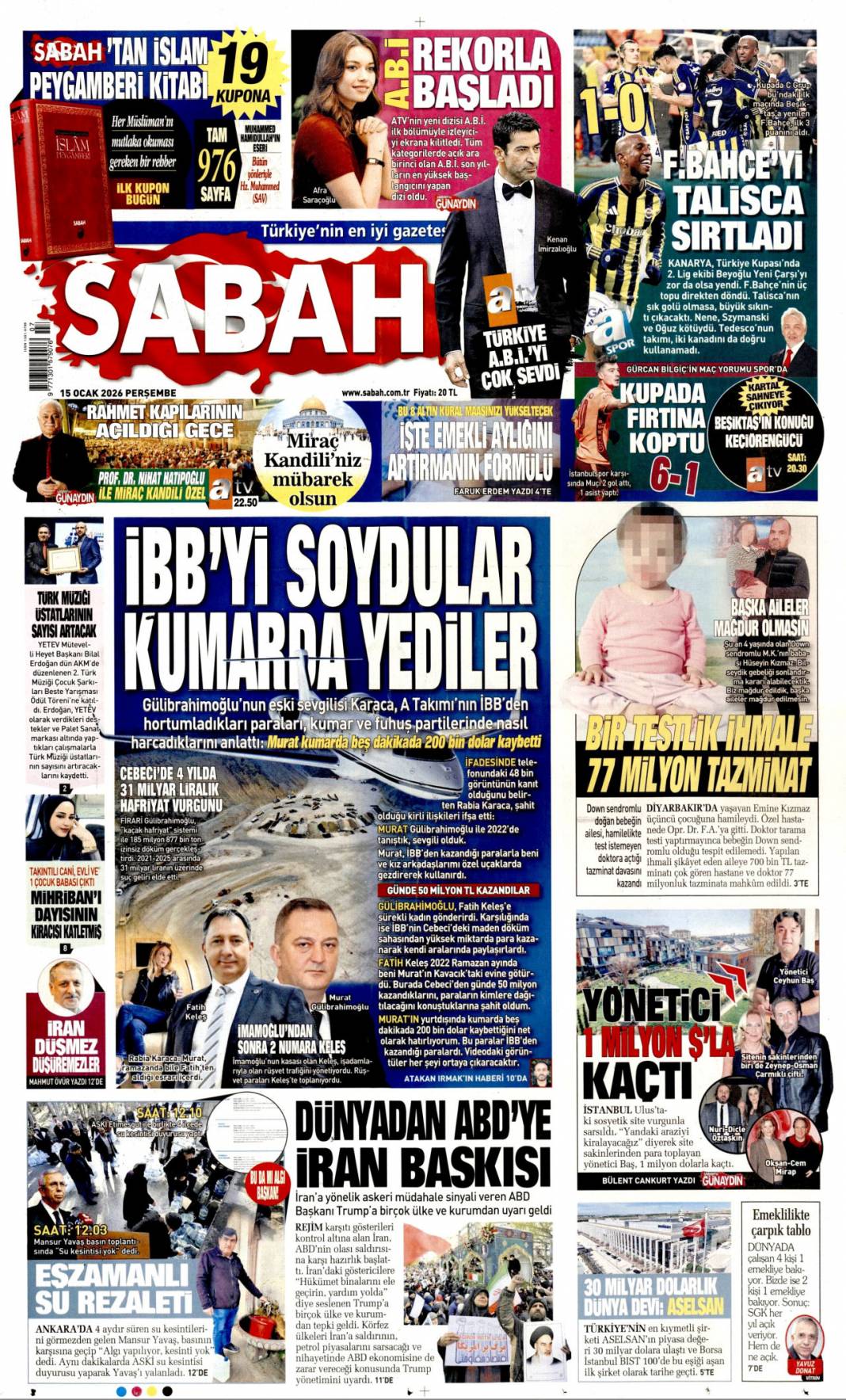 İBB'yi soydular kumarda yediler: 15 Ocak 2026 Perşembe, güncel gazete manşetleri 1