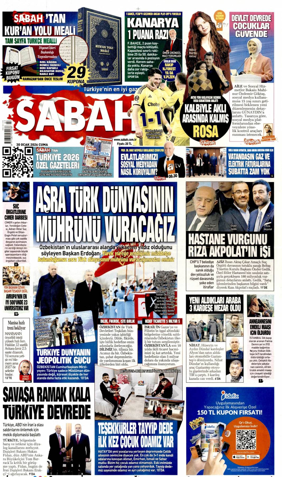 Asra Türk dünyasının mührünü vuracağız! 30 Ocak 2026 Cuma, güncel gazete manşetleri... 1