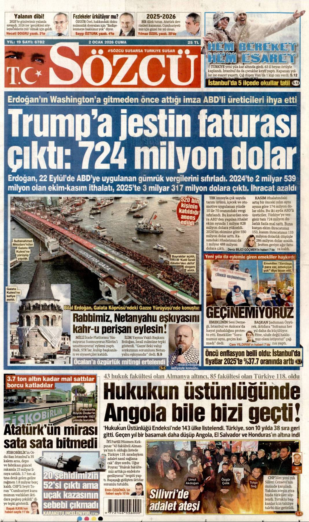 Türkiye susmadı, Gazze'yi unutmadı: 2 Ocak 2026 Pazartesi güncel gazete manşetleri 8